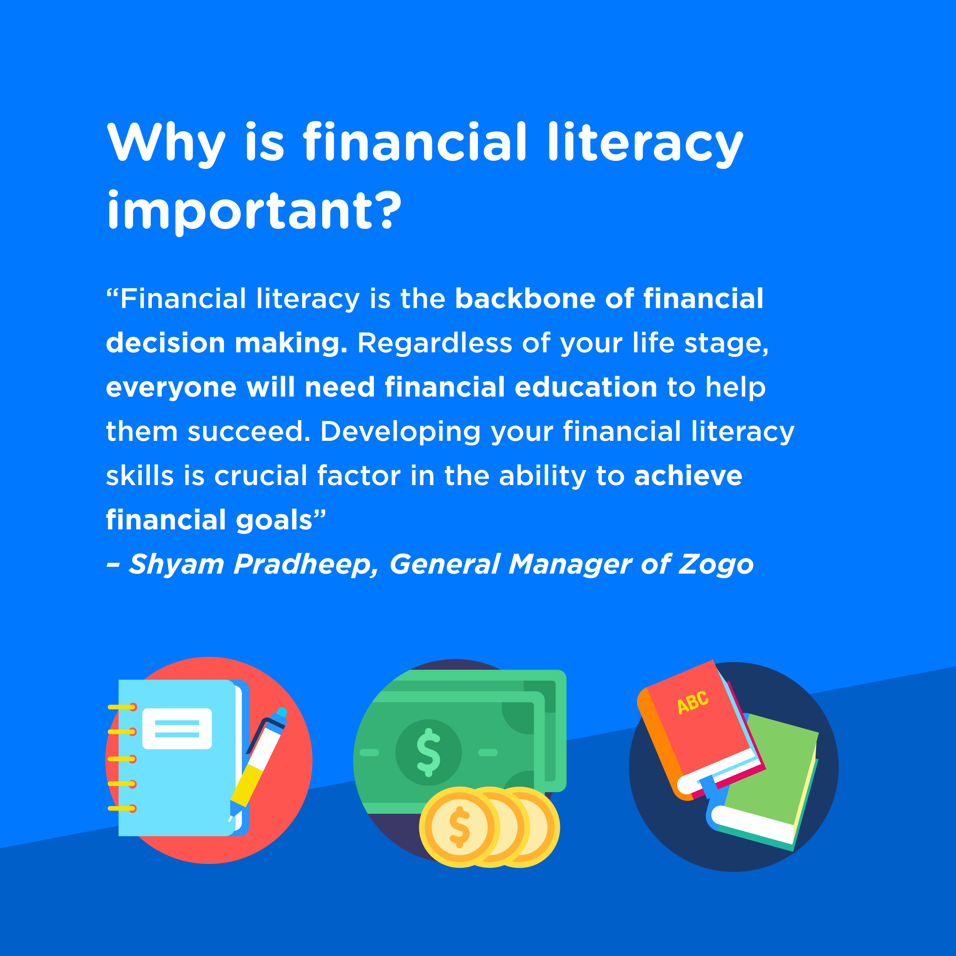 Blue background with cartoon images of notebook, money and books. Copy talks about what financial literacy is and why it is important. 